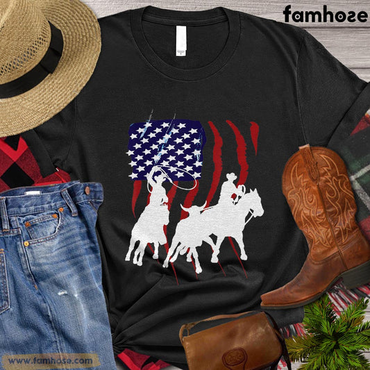 Independence's Day Team Roping T-shirt, Team Roping USA Flag Gift For Horse Lovers, Horse Riders, Equestrians