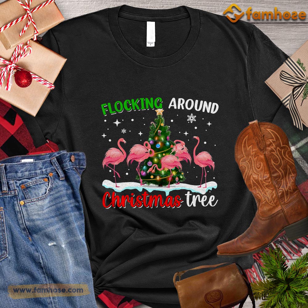 Christmas Flamingo T-shirt, Flocking Around Christmas Tree Christmas Gift For Flamingo Lover, Flamingo Owners, Flamingo Tees