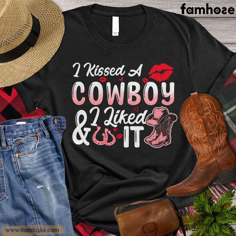 Valentine's Day Cowboy T-shirt, I Kissed A Cowboy I Liked It Pink Version Gift For Horse Lovers, Horse Riders, Equestrians