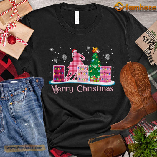 Christmas Barrel Racing T-shirt, Merry Christmas Pink Barrel With Christmas Tree Gift For Barrel Racing Lovers, Horse Riders, Equestrians