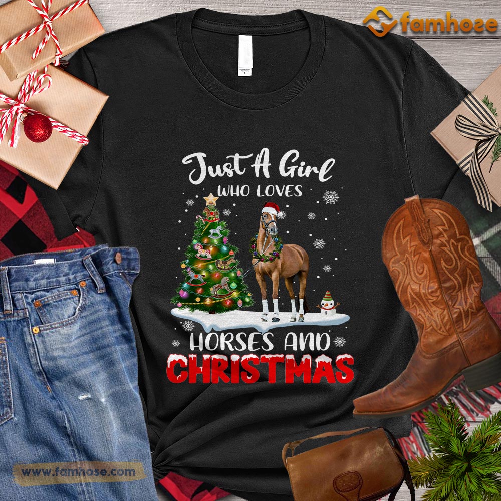 Christmas Horse T-shirt, Just A Girl Who Loves Horses And Christmas Tree Christmas Gift For Horse Lovers, Horse Riders, Equestrians