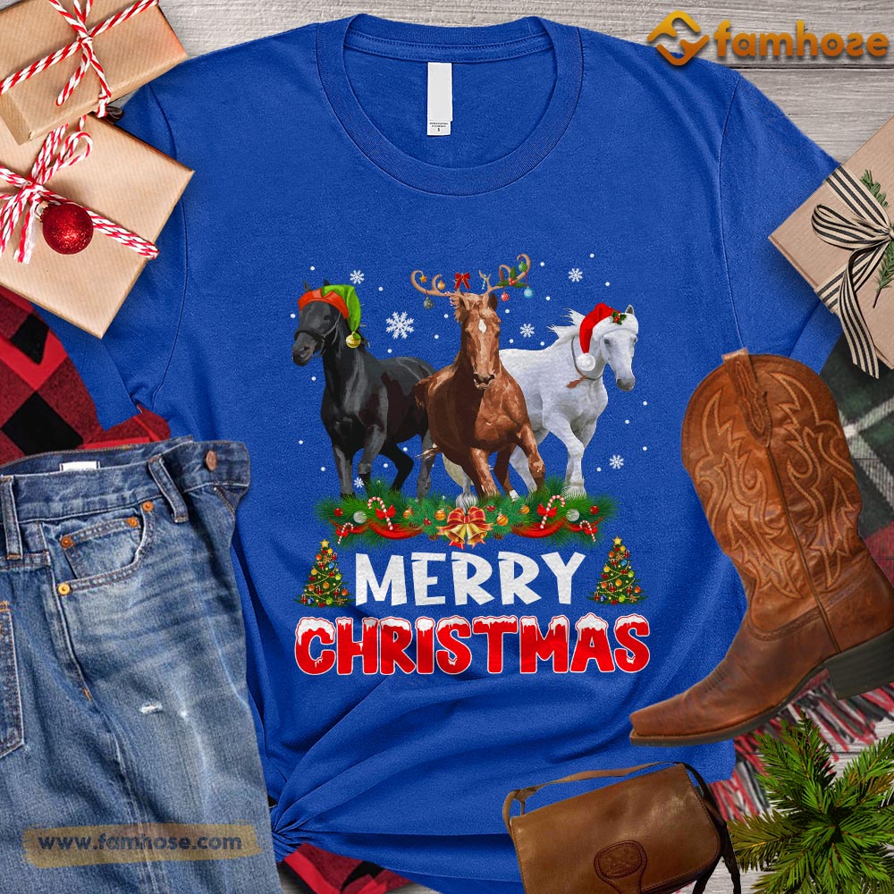 Christmas Horse T-shirt, Merry Christmas ELF Santa Hats Reindeer Christmas Gift For Horse Lovers, Horse Riders, Equestrians
