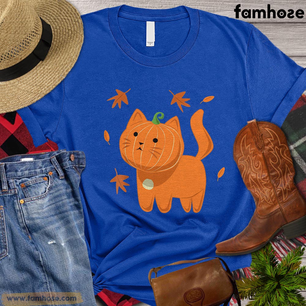 Cute Thanksgiving Cat T-shirt, Pumpkin Cat Autumn Leaves Gift For Cat Lovers, Cat Owners, Cat Tees