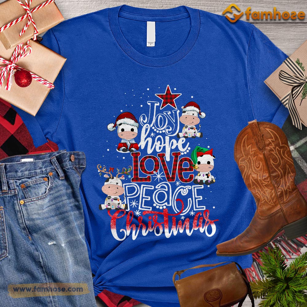 Cute Christmas Cow T-shirt, Joy Hope Love Peace Christmas Cow With Santa Hats Gift For Cow Lovers, Cow Farm, Cow Tees