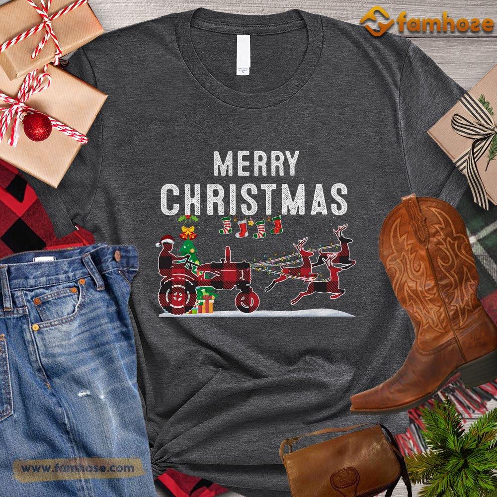 Christmas Tractor T-shirt, Merry Christmas Tractor Deer Pulling Santa Claus Gift For Tractor Lovers, Tractor Farm, Tractor Tees