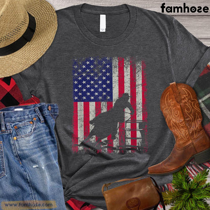 Independence Day Barrel Racing T-shirt, Barrel Racing Flag America, Barrel Racing Lover Gift, Cowboy Cowgirl T-shirt, Rodeo Shirt, Barrel Racing Premium T-shirt