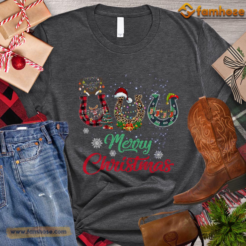 Christmas Horse T-shirt, Merry Christmas Horseshoe Santa ELF Deer Gift For Horse Lovers, Horse Riders, Equestrians