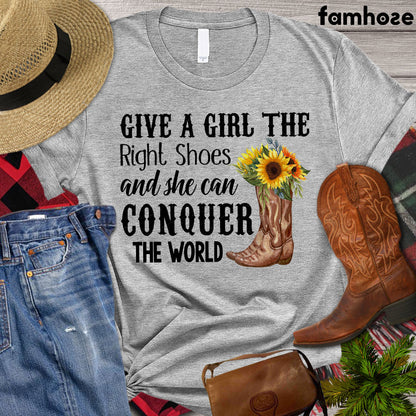 Horse T-shirt, Give A Girl The Right Shoes And She Can Conquer The World, Women Horse, Horse Girl Shirt, Horse Life, Horse Lover Gift, Premium T-shirt