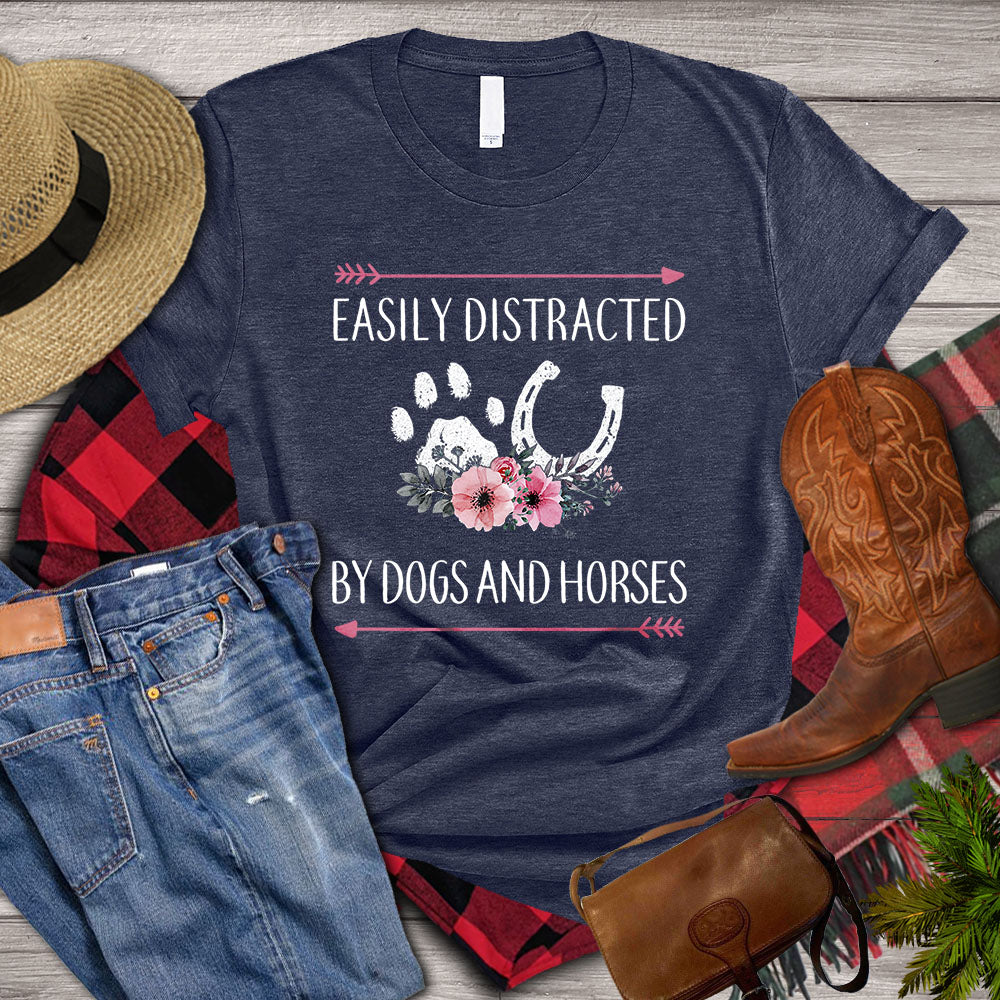 Horse T-shirt, Easily Distracted By Dogs And Horses, Women Horse, Horse Girl, Horse Life, Horse Lover Gift, Premium T- shirt