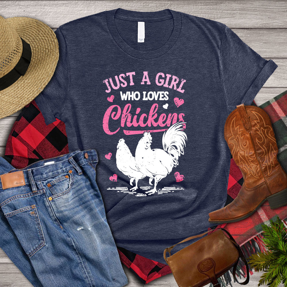 Chicken T-shirt, Just A Girl Who Loves Chickens, Cute Heart Chicken Lover Shirt, Farming Lover Gift, Farmer Shirt