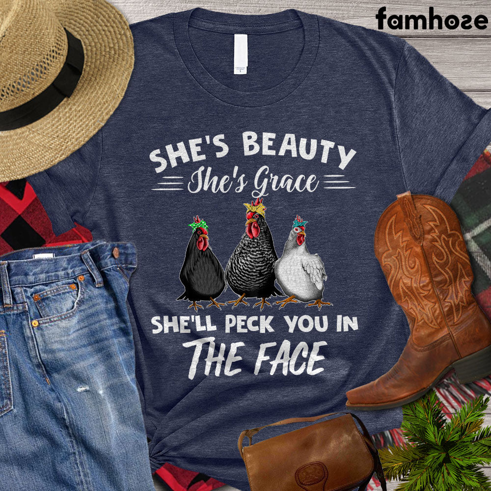 Chicken T-shirt, She's Beauty She's Grace She'll Peck You In The Face, Chicken Lover Shirt, Farming Lover Gift, Farmer Premium T-shirt