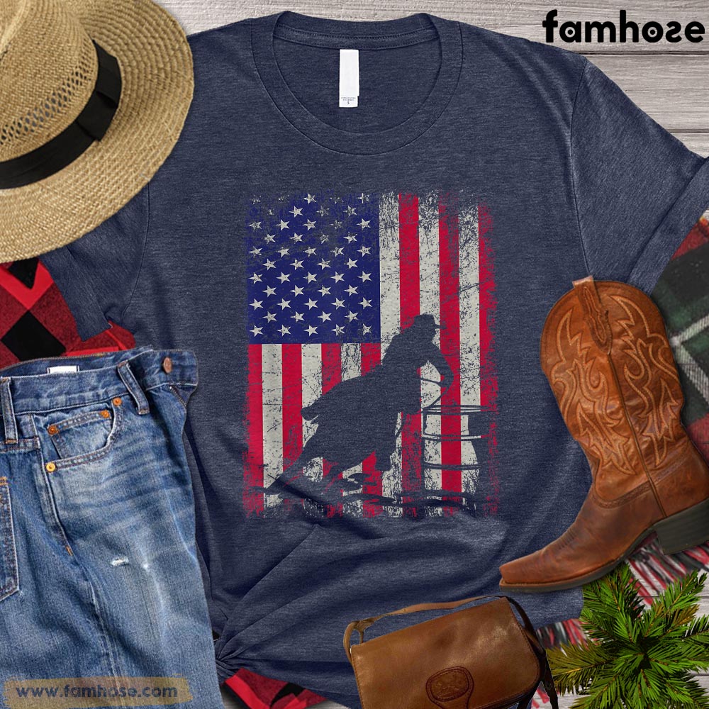 Independence Day Barrel Racing T-shirt, Barrel Racing Flag America, Barrel Racing Lover Gift, Cowboy Cowgirl T-shirt, Rodeo Shirt, Barrel Racing Premium T-shirt