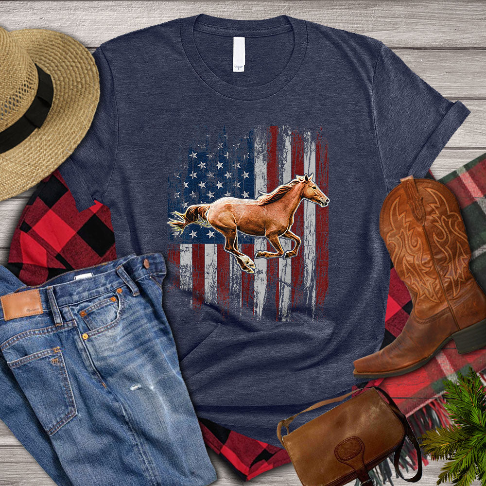 Horse T-shirt, Strong Horse With USA Flag, Women Horse Shirt, Horse Life, Horse Lover Gift, Premium T- shirt