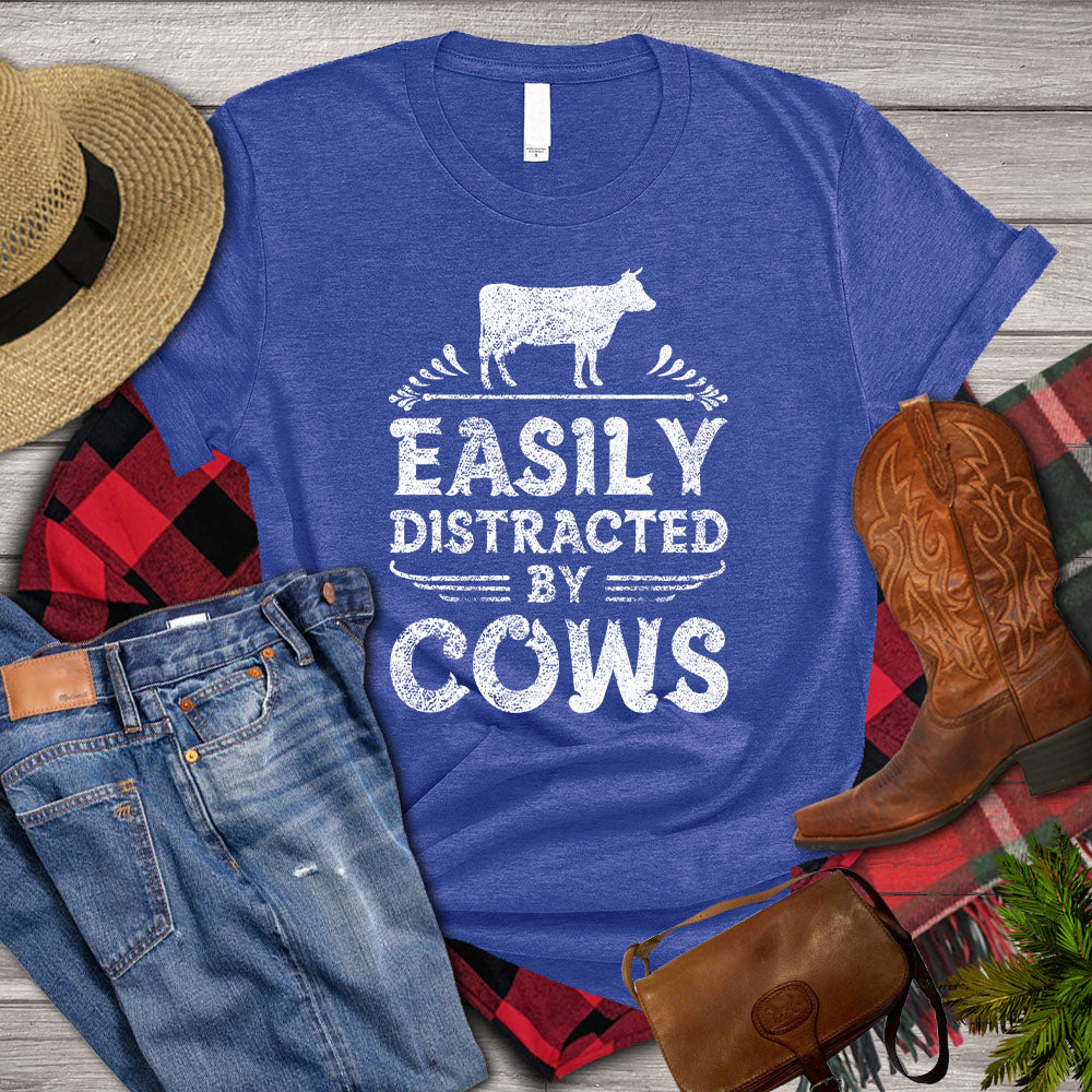 Cow T-shirt, Easily Distracted By Cows, Farm Cow Shirt, Cow Lover, Farmer Shirt, Farming Lover Gift