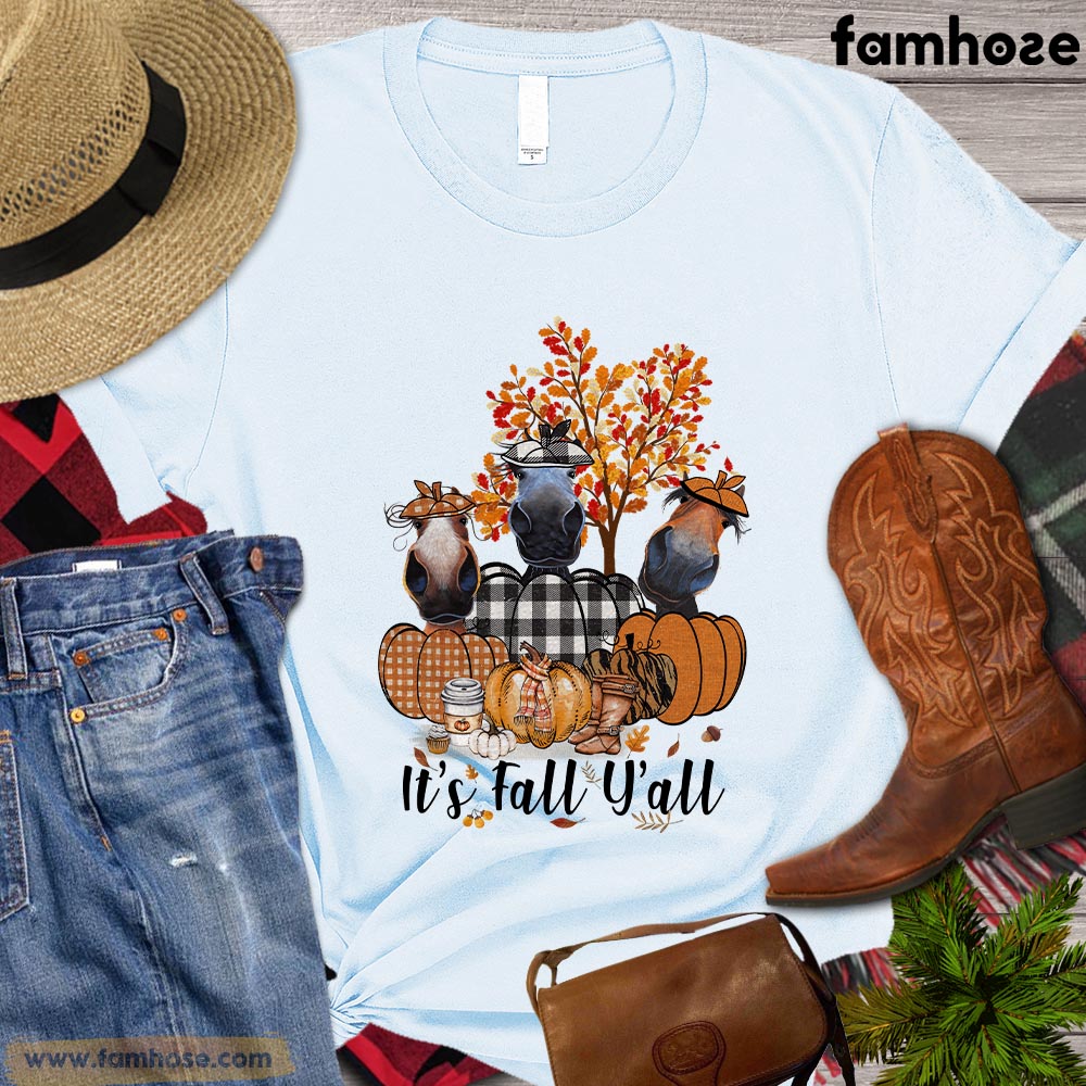 Cute Thanksgiving Horse T-shirt, It's Fall Yall Horses Pumpkin Thanksgiving Gift For Horse Lovers, Horse Riders, Equestrians