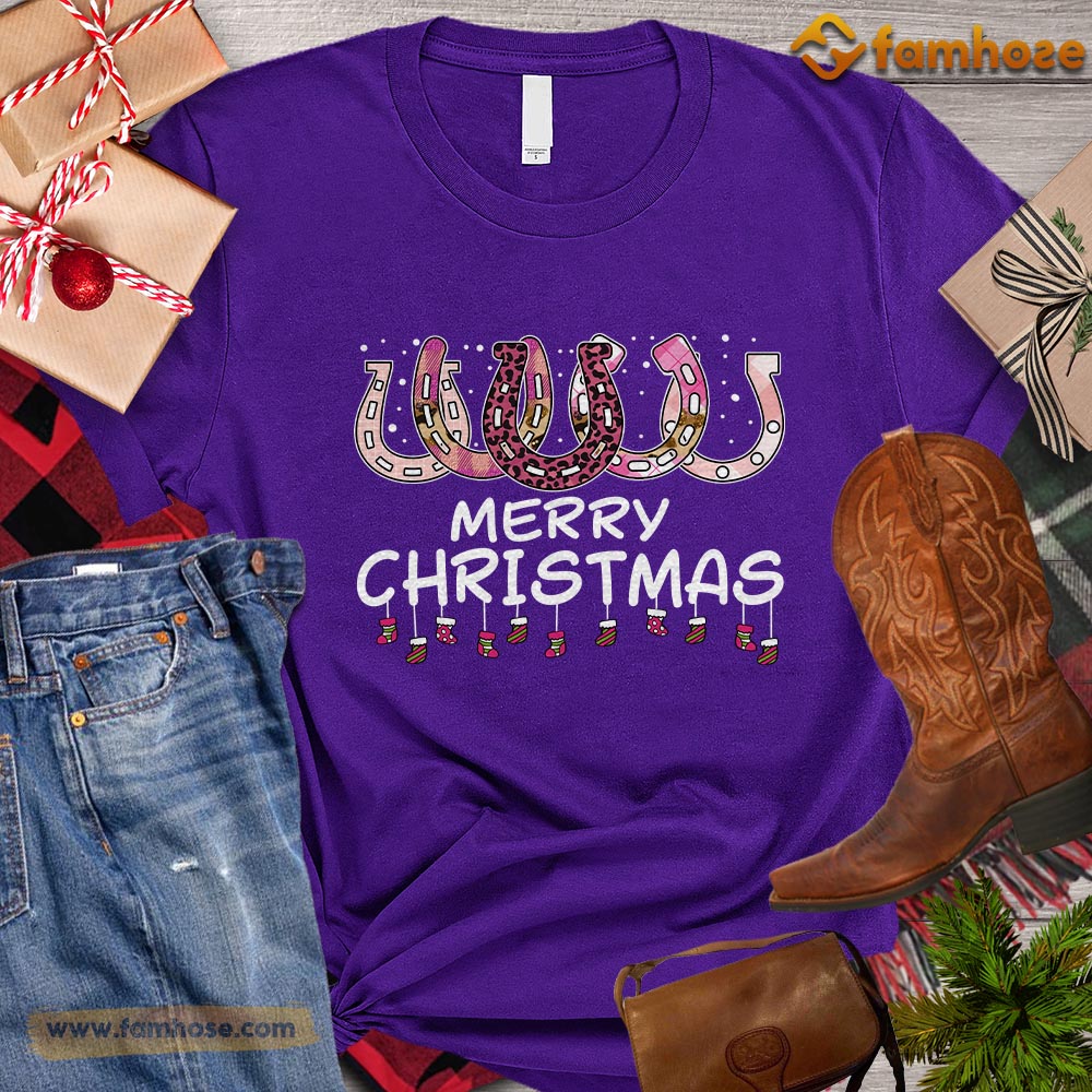 Cute Christmas Horse T-shirt, Merry Christmas Pink Horseshoe Christmas Gift For Horse Lovers, Horse Riders, Equestrians