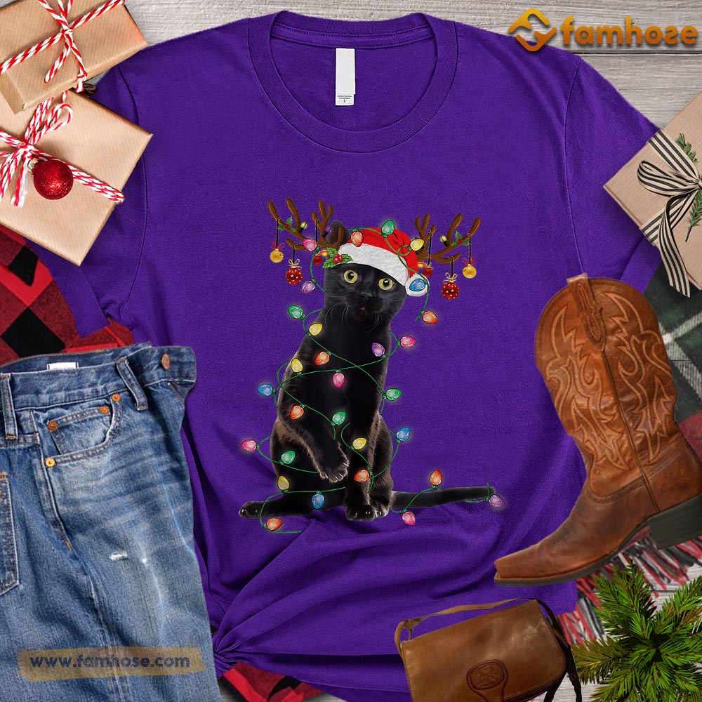 Christmas Cat T-shirt, Cat With Santa Hat Reindeer String Lights Gift For Cat Lovers, Cat Owners, Cat Tees