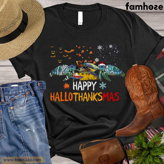 Turtle T-shirt, Happy Hallo Thankmas Halloween Thanksgiving Christmas Turtle Shirt Gift For Turtle Lovers