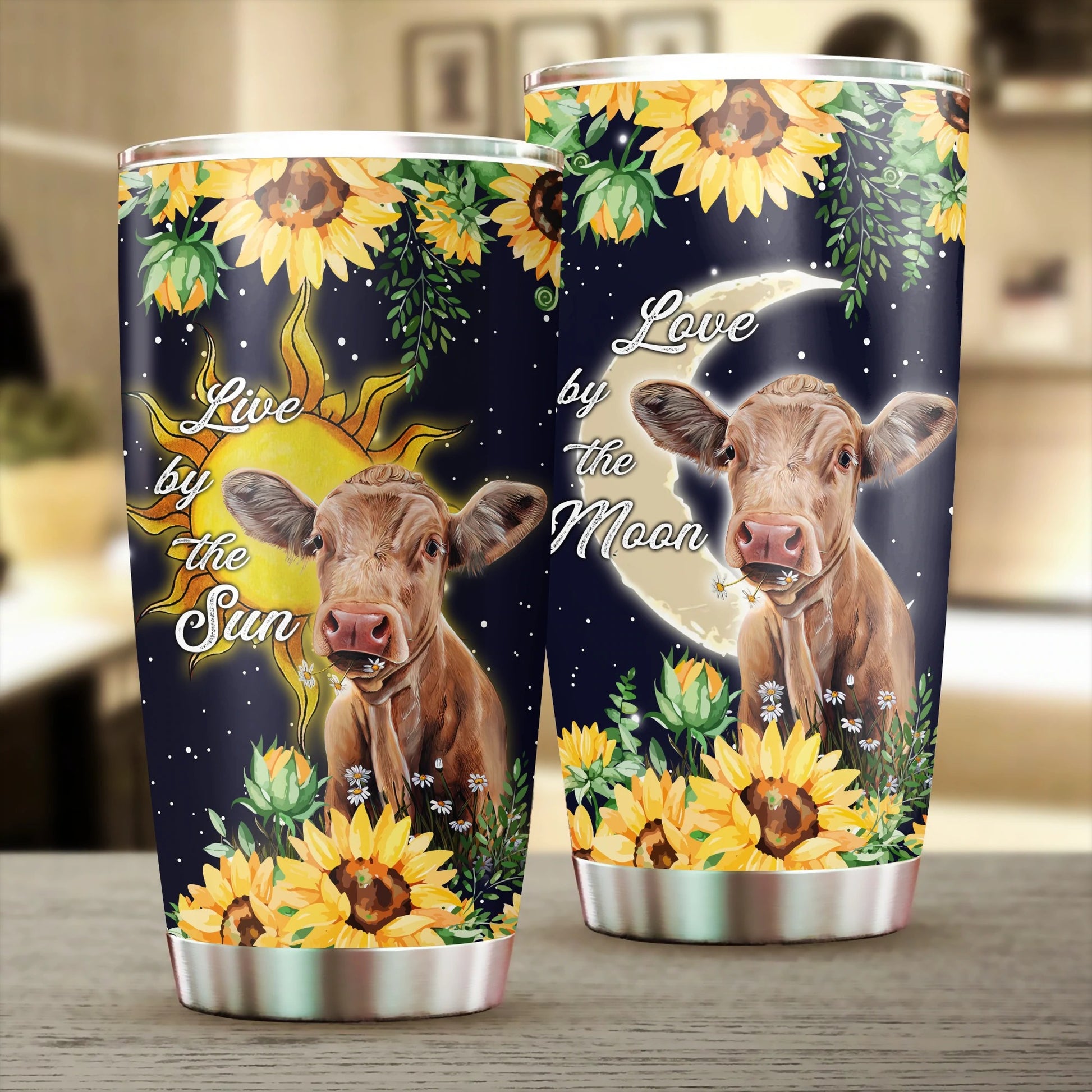 Cute Cow Tumbler, Live By The Sun Love By The Moon Stainless Steel Tumbler, Cow Tumbler Lovers, Tumbler Gifts For Cow Lovers