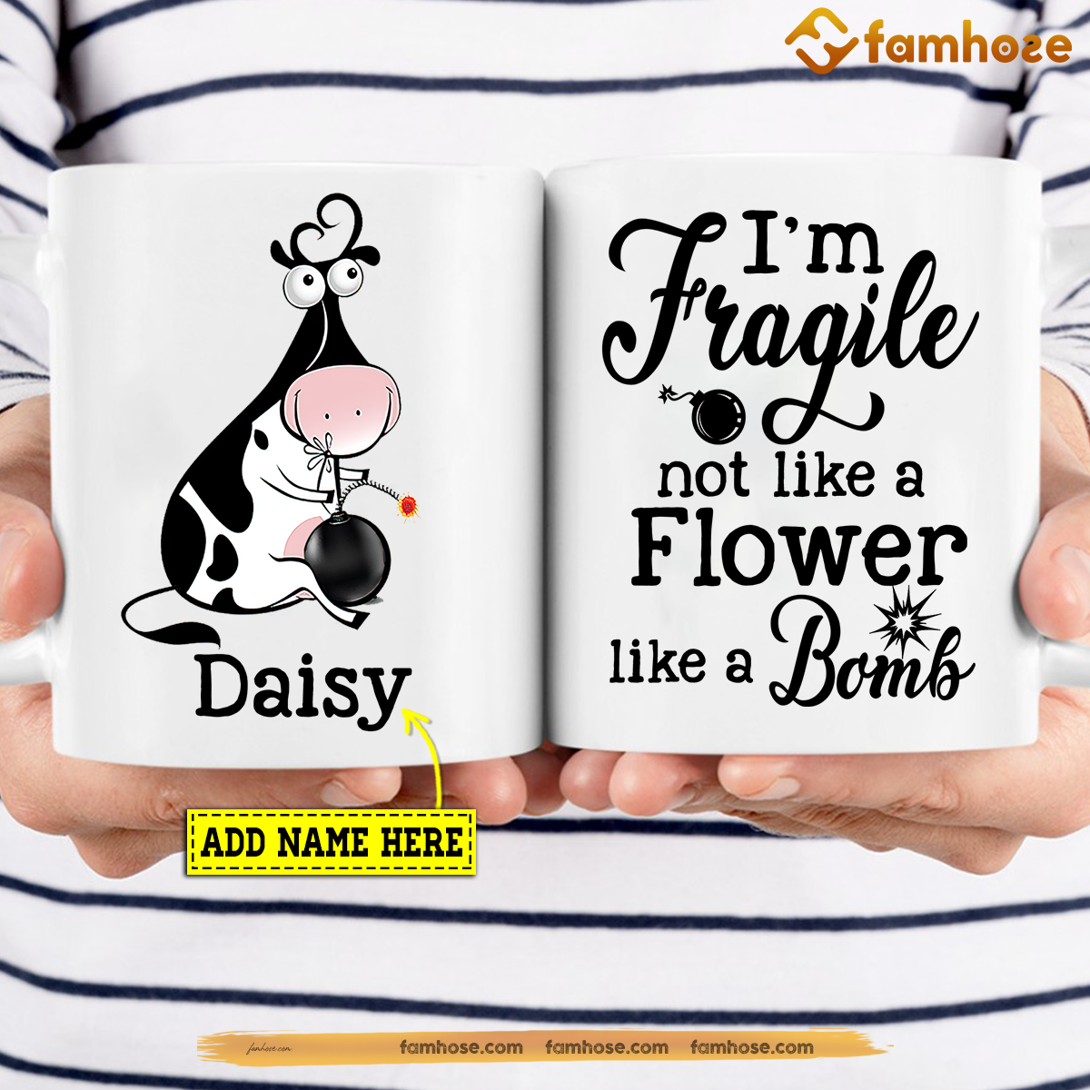 Funny Personalized Cow Mug, I'm Fragile Not Like A Flower Like A Bomb Mug, Cups Gift For Cow Lovers, Cow Owner